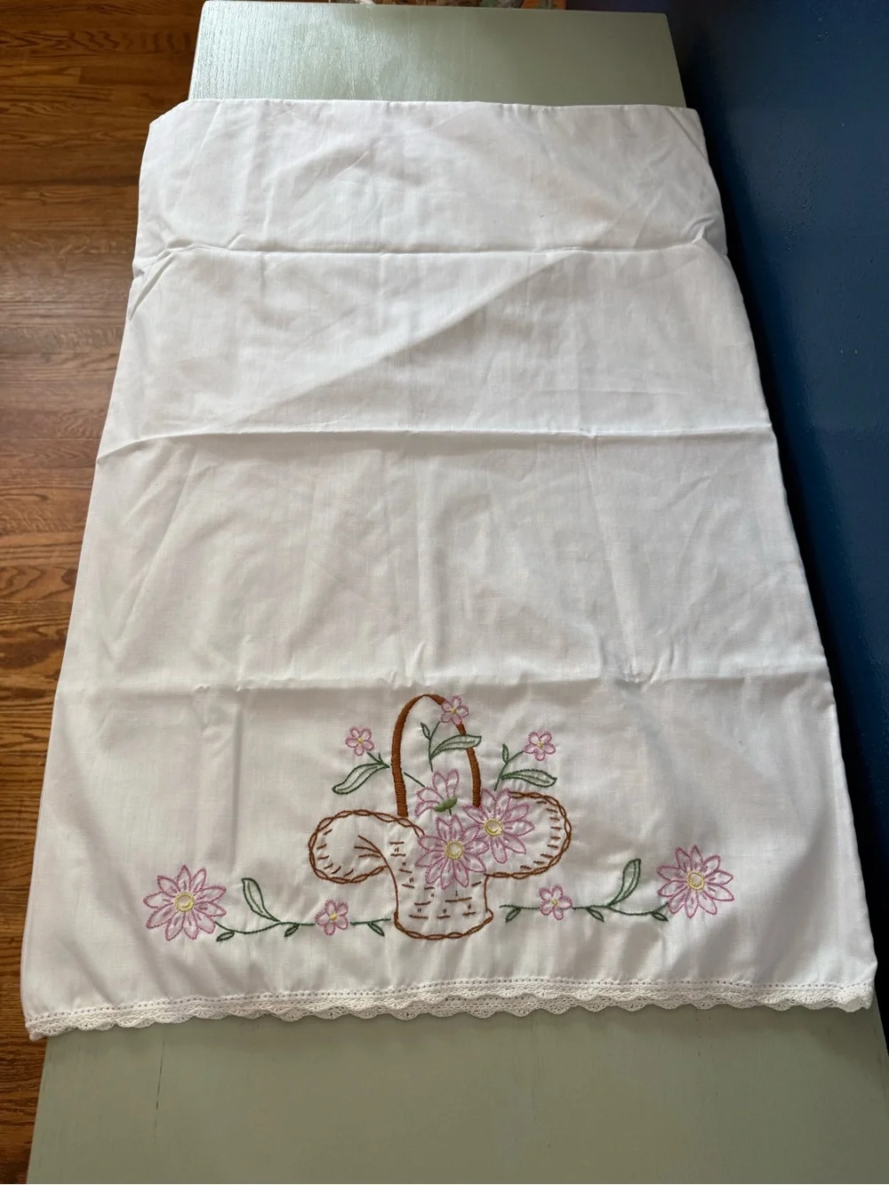 Vintage Pair of Queen Sized Embroidered Pillowcases Crochet Lace Flowers Basket